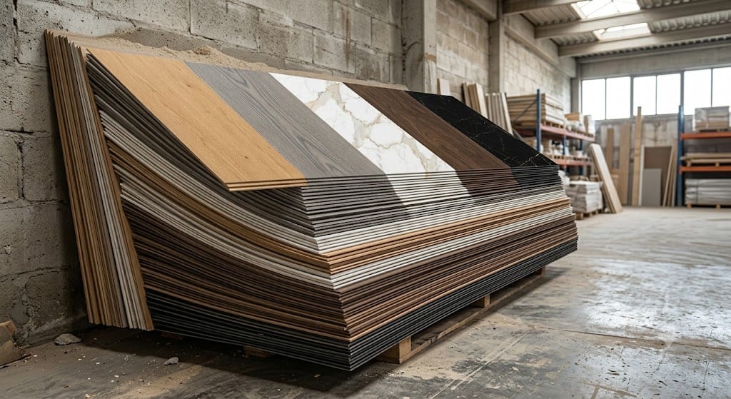 Tumpukan wallboard PVC siap jual di toko bahan interior Sinjai
